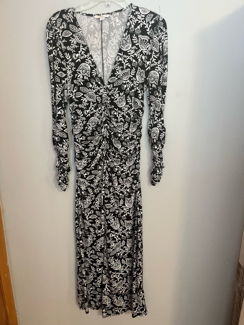 Boden Black & White Floral Ruched Long‎ Sleeve Dress